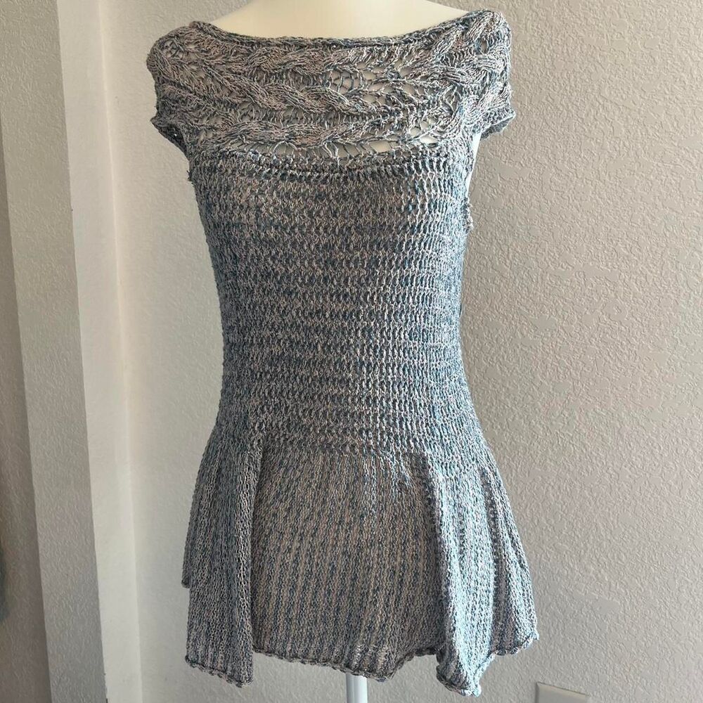 Women's Blue and Grey Crochet Boho Top